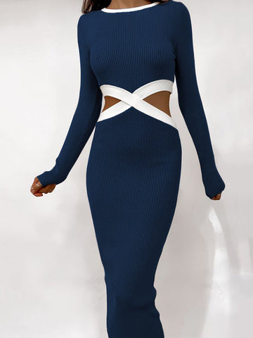 Hollow High Waisted Long Sleeves Round-Neck Midi Dresses