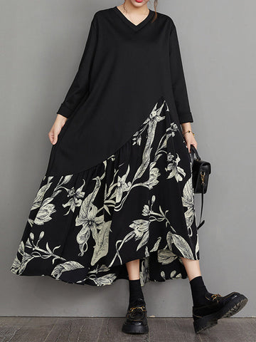 Asymmetric Flower Print Split-Joint A-Line High-Low V-Neck Midi Dresses