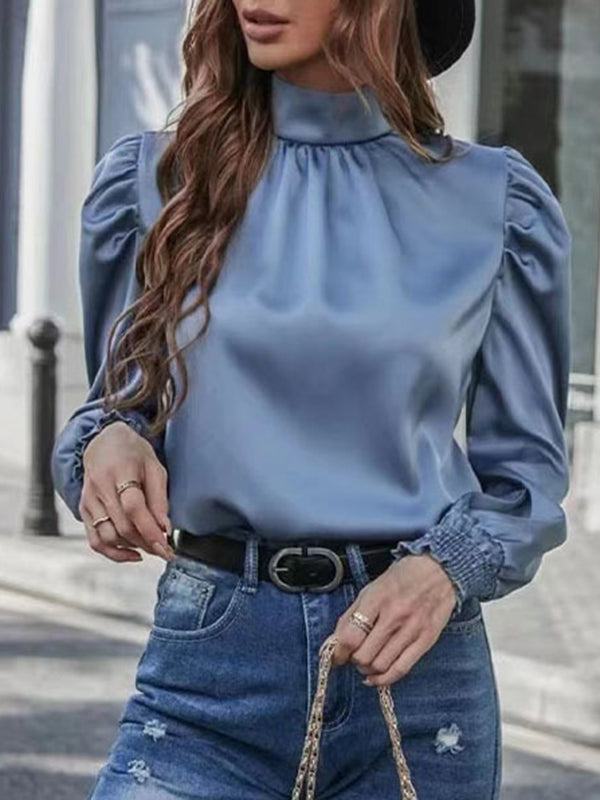 Elasticity Hollow Pleated Split-Joint Roomy Puff Sleeves Stand Collar Blouses