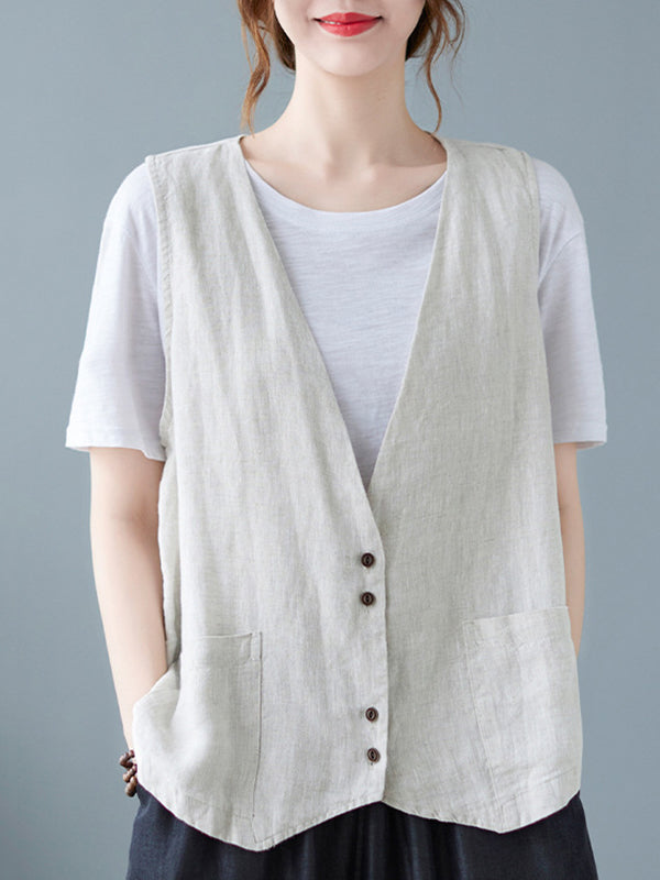 Simple Loose V-Neck Solid Color Vest