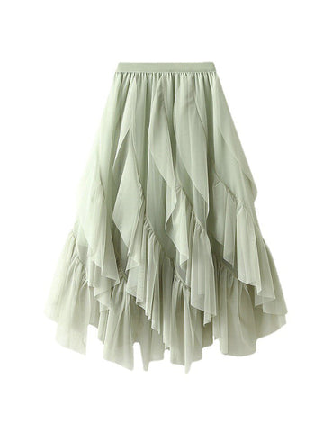 Elasticity Gauze Pleated Solid Color Split-Joint A-Line Loose Skirts