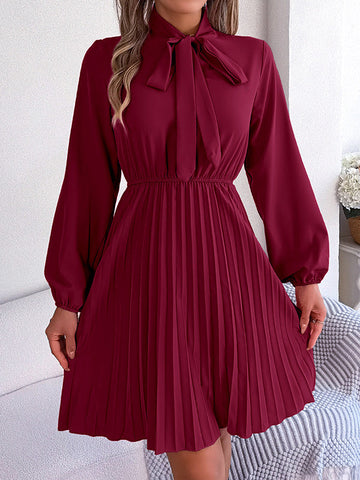 Pleated Solid Color Tied Long Sleeves Loose Mock Neck Mini Dresses