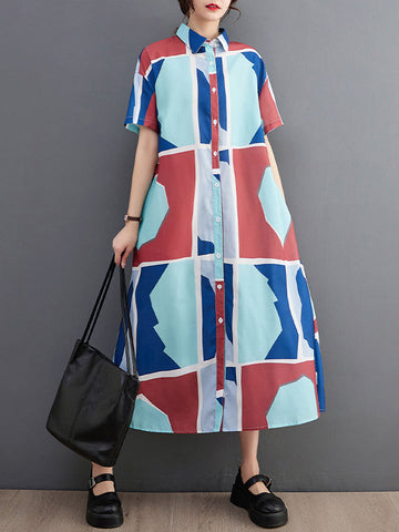 Cartoon Printed Multi-Colored Loose Short Sleeves Lapel Shirt Dress Midi Dresses