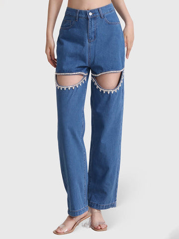 Hollow Rhine Stones High Waisted Loose Jean Pants Bottoms