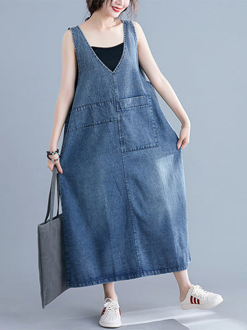 Loose Sleeveless Denim V-Neck Midi Dress