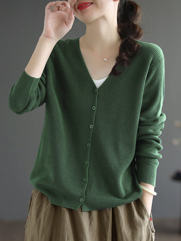 Solid Color Long Sleeves Loose V-Neck Cardigan Tops