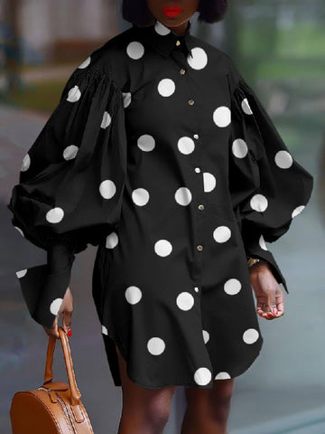 Loose Puff Sleeves Polka Dot Split-Side Lapel Mini Dresses Shirt Dress