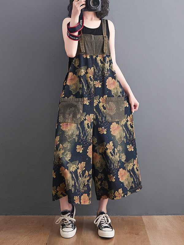 Buttoned Floral Printed Split-Joint Loose Oversize Overalls Ninth Pants