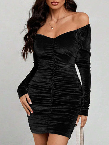 Pleated Solid Color Velvet Bodycon High Waisted Off-The-Shoulder Mini Dresses