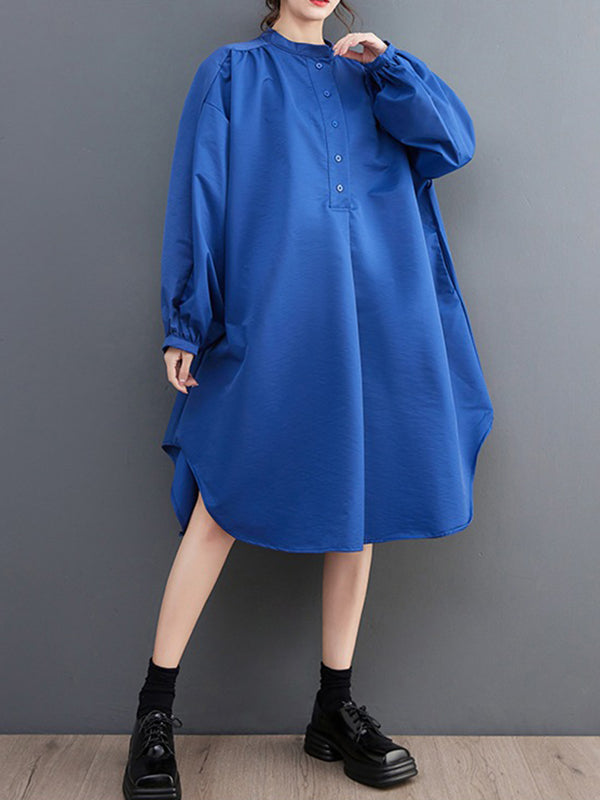 Loose Puff Sleeves Solid Color Stand Collar Midi Dresses