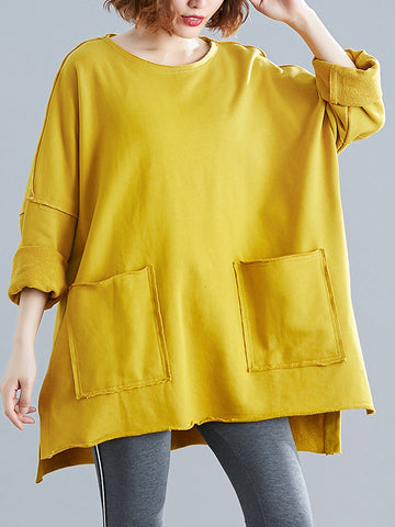 Pockets Solid Color Split-Joint Split-Side High-Low Long Sleeves Round-Neck Sweatshirt Tops