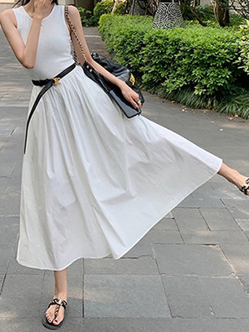 Pleated Pockets Solid Color Split-Joint High Waisted Sleeveless Round-Neck Midi Dresses