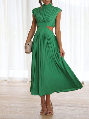 Belly-Hollow Pleated Solid Color Cap Sleeve Stand Collar Maxi Dresses