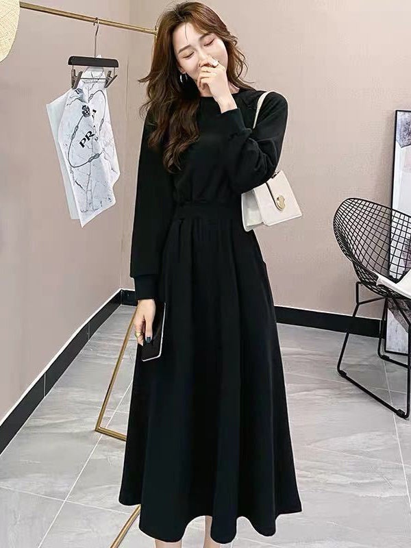 Casual Solid Color Long Sleeves Sweatshirt Dress Midi Dress