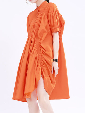 Asymmetric Pleated Solid Color Loose Short Sleeves Stand Collar Shirt Dress Mini Dresses