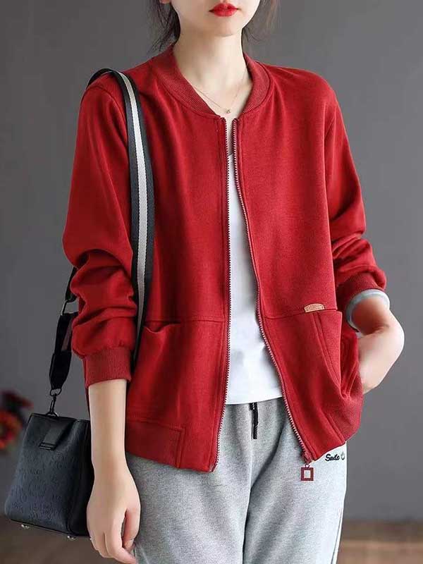 Simple Long Sleeves Loose Solid Color Zipper Stand Collar Outerwear