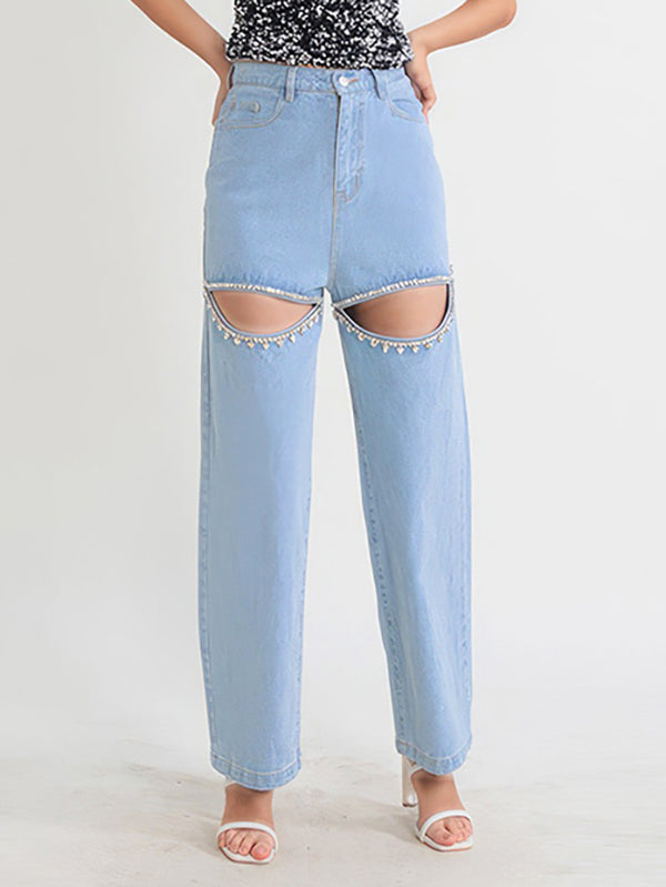 Hollow Rhine Stones High Waisted Loose Jean Pants Bottoms