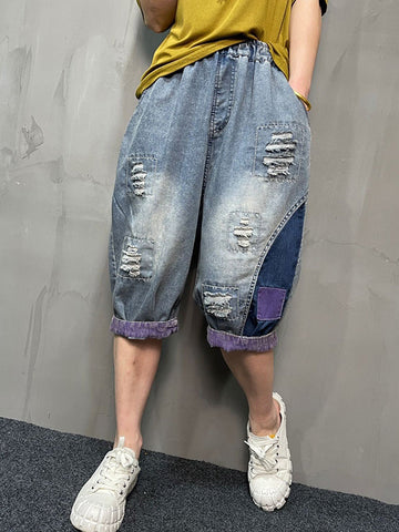 Contrast Color Elasticity Split-Joint Harem Pants Loose Jean Pants Bottoms