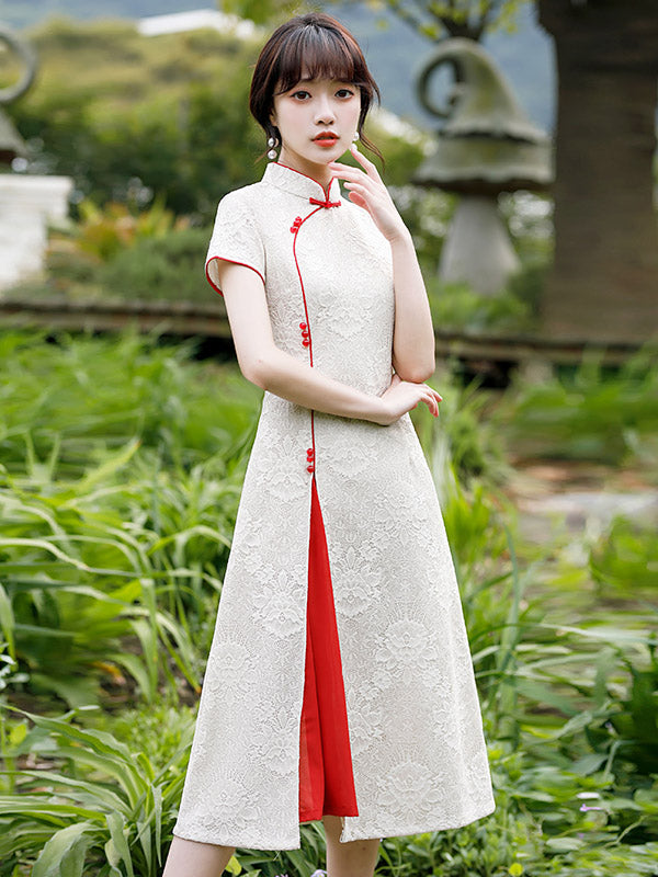 Vintage Jacquard Hollow Contrast Color Split-Joint Ao Dai Short Cheongsam