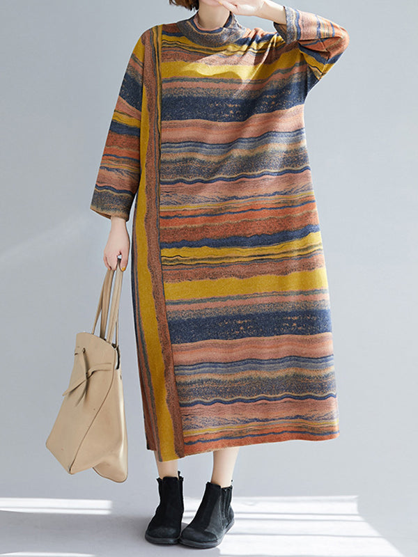 Asymmetric Striped A-Line Long Sleeves High Neck Midi Dresses