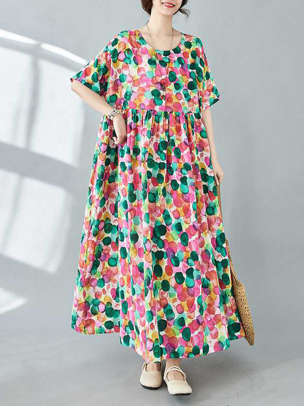 Pleated Polka-Dot Printed Split-Joint Half Sleeves Roomy Round-Neck Midi Dresses