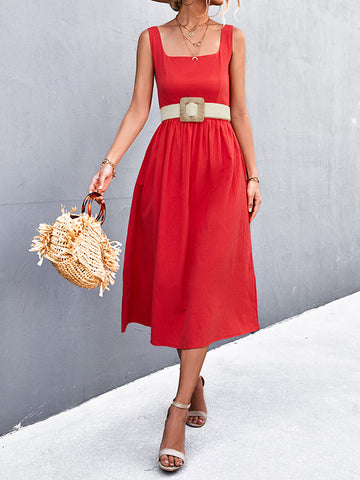 Pleated Solid Color Split-Joint High Waisted Sleeveless U-Neck Midi Dresses