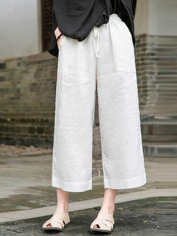 Simple Linen Column Elasticity Waist Pants