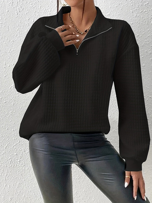 Waffle Check Zipper Long Sleeves Loose Lapel Sweatshirt Tops