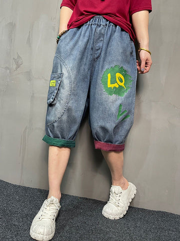 Elasticity Printed Split-Joint Harem Pants Loose Jean Pants Bottoms