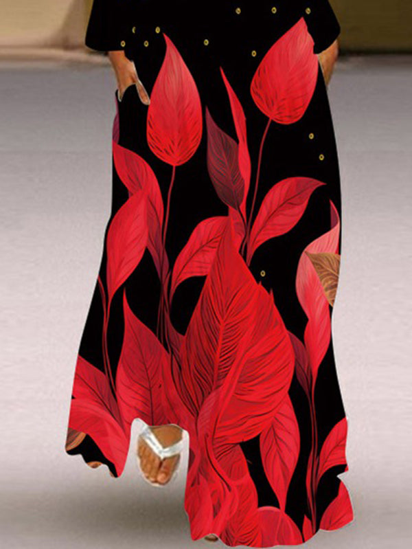 Contrast Color Printed Split-Joint Long Sleeves Loose V-Neck Maxi Dresses