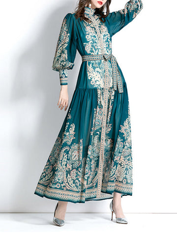 Printed See-Through Tied Waist A-line Puff Sleeves Stand Collar Maxi Dresses