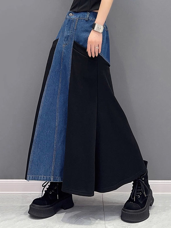 Buttoned Contrast Color Split-Joint A-Line Loose Denim Skirts Bottoms