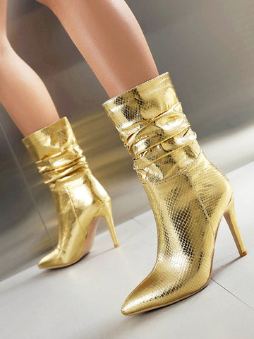 Pleated Snakeskin Printed Solid Color Split-Joint Pumps Boots