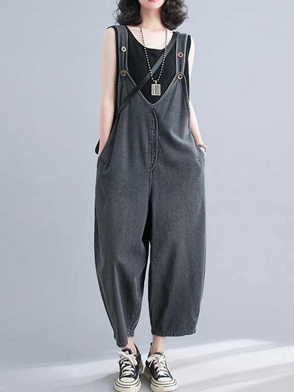 Buttoned Cropped Loose Denim Overalls