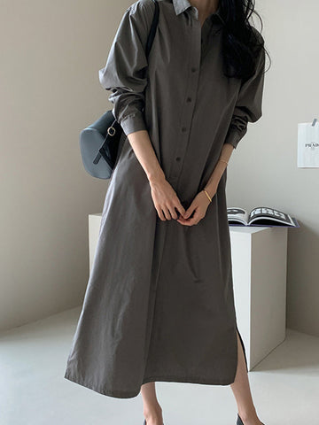 Casual 3 Colors Loose Split-Side Solid Color Midi Dress Shirt Dress