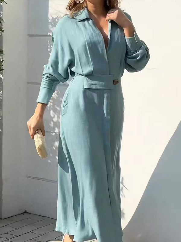 Solid Color Long Sleeves Lapel Collar Maxi Dresses