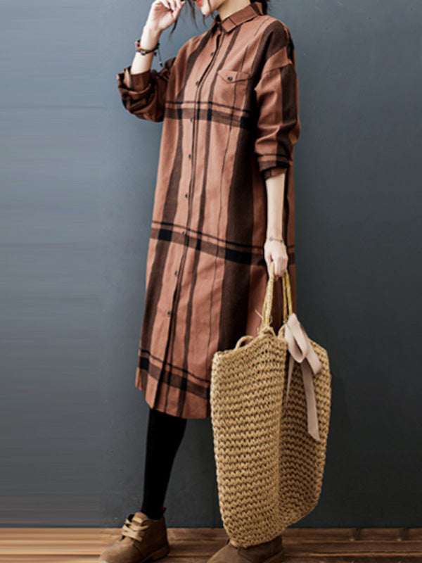 Vintage Solid Long Sleeve Pleats Blouse Shirt Dress