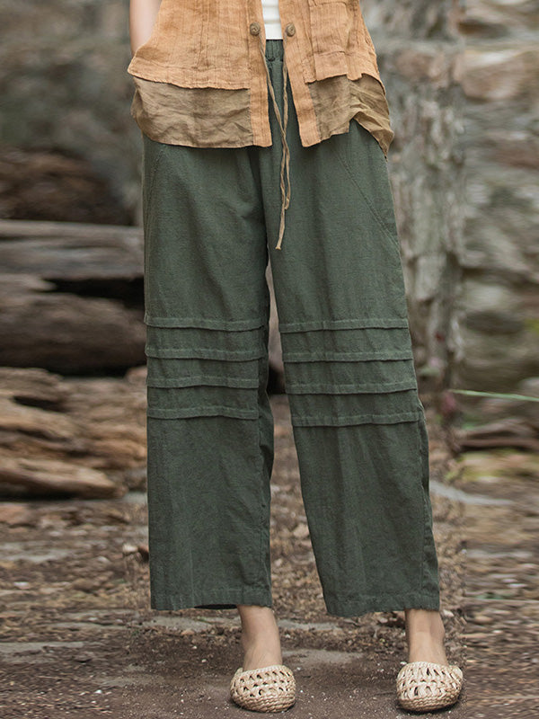 Pleated Solid Color Split-Joint High Waisted Loose Trousers Ninth Pants