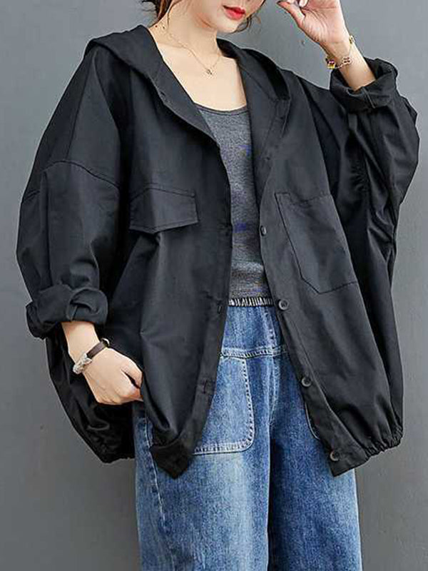 Buttoned Pleated Pockets Solid Color Long Sleeves Loose Hooded Trench Coats Outerwear