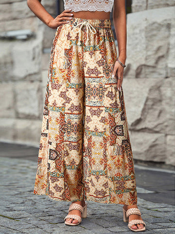 Drawstring Flower Print Pleated High Waisted Loose Trousers Pants