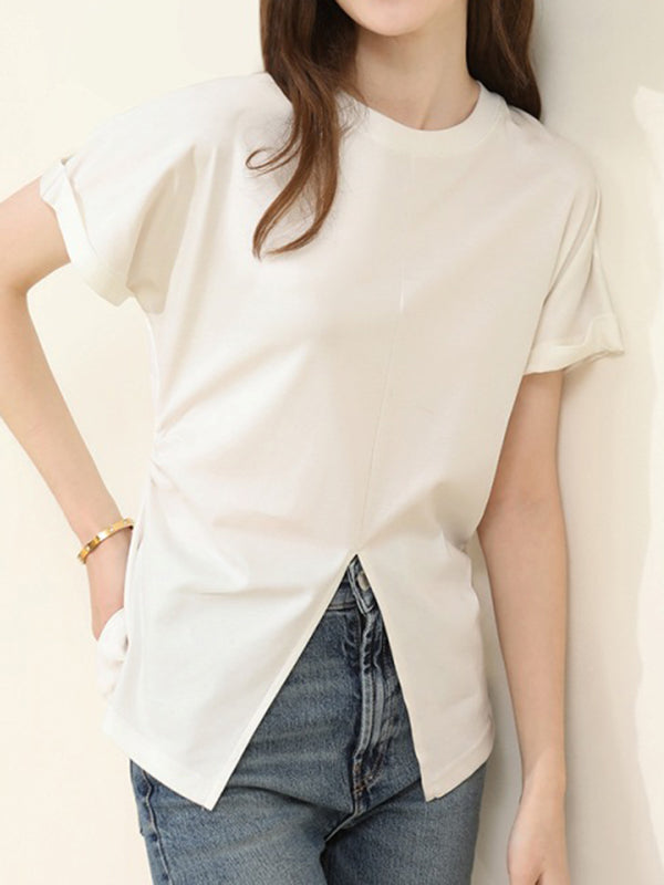 Pleated Solid Color Split-Front Split-Joint Batwing Sleeves Loose Round-Neck T-Shirts