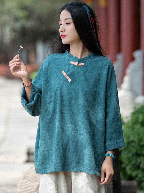 Vintage Linen Frog Loose Long Sleeve Shirt Tops