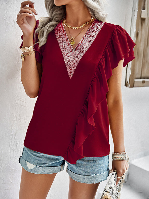 Applique Split-Joint Loose Short Sleeves V-Neck T-Shirts Tops