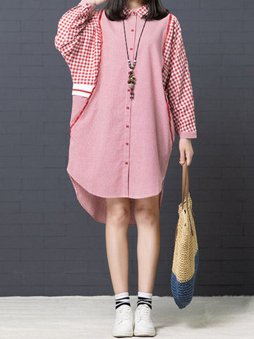 Buttoned Contrast Color Plaid Split-Joint High-Low Roomy Lapel Shirt Dress Midi Dresses