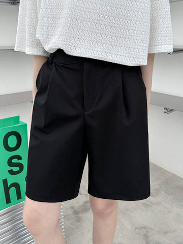 Elasticity Pleated Plain Split-Joint Relaxed Fit Straight Leg Half Pants