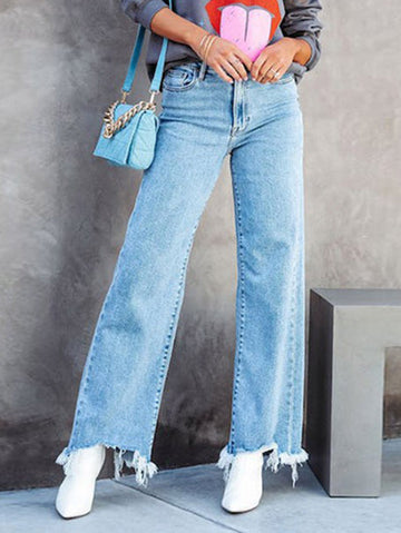 Fringed Split-Joint High Waisted Straight Leg Jean Pants Bottoms