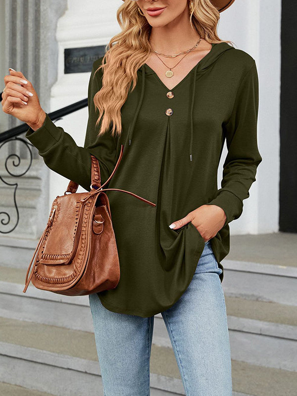 Buttoned Drawstring Hooded Solid Color Long Sleeves Loose V-Neck T-Shirts Tops