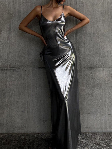 Shiny Pure Color Bodycon High Waisted Spaghetti-Neck Maxi Dresses