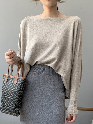 Solid Color Batwing Sleeves High-Low Boat Neck Sweater Pullovers Knitwear