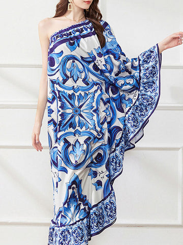 Asymmetric Falbala Floral Printed Batwing Sleeves Loose One-shoulder Midi Dresses